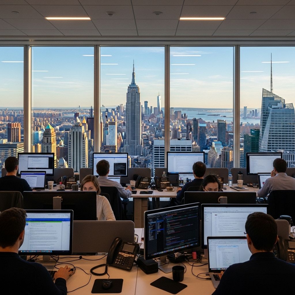 Редакционный офис с видом на Манхэттен через панорамные окна на высоком этаже, сотрудники работают за столами с открытыми ноутбуками