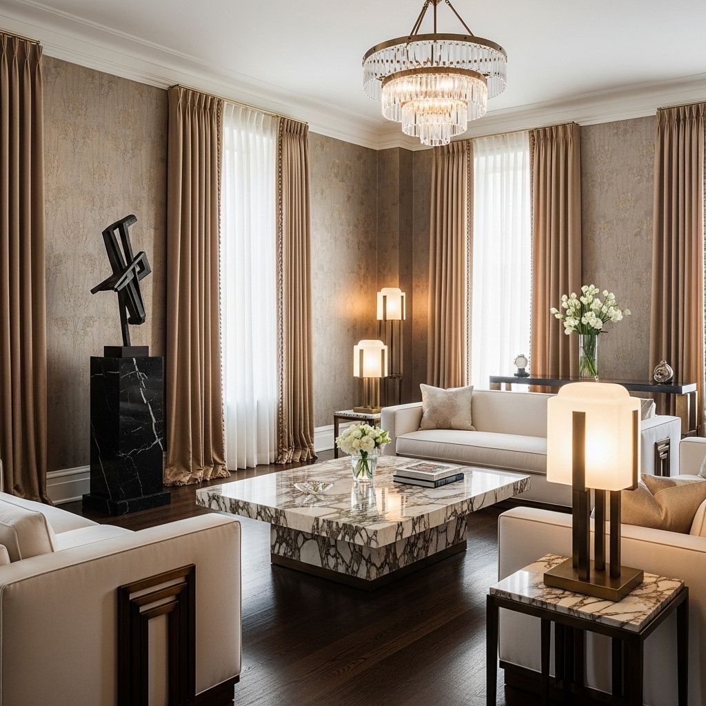 Современная гостиная в стиле ар-деко в апартаментах Upper East Side: мрамор, бронза, шёлковые портьеры