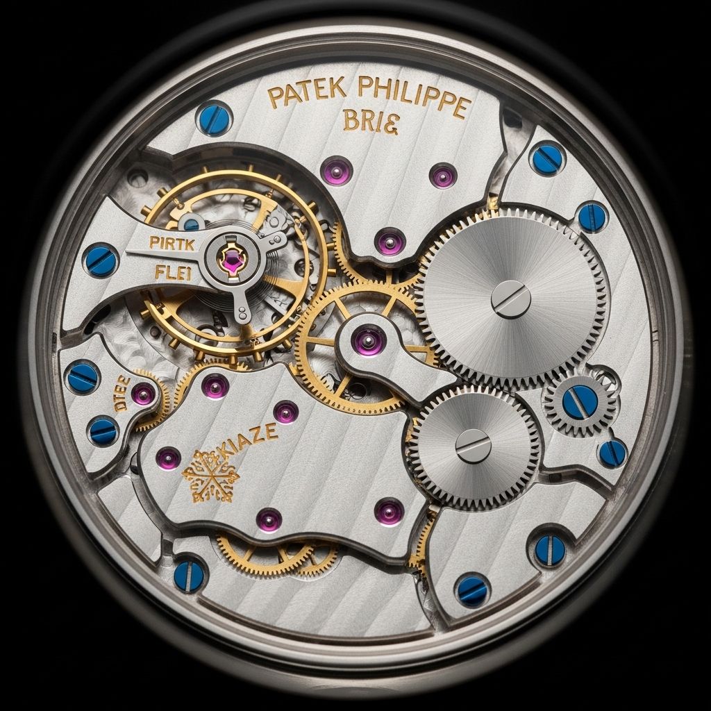 Ручной механизм наручных часов Patek Philippe под увеличительным стеклом, виден сложный турбийон