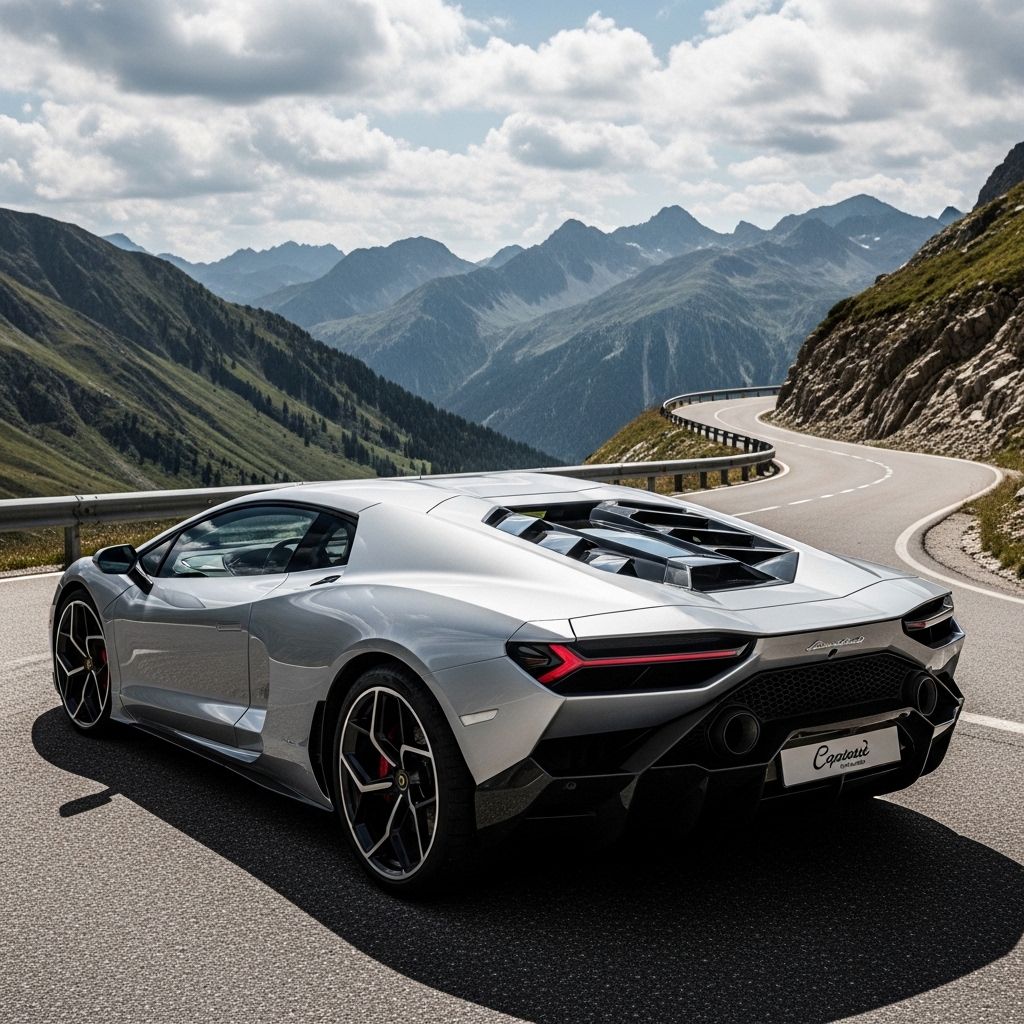 Lamborghini Revuelto в серебристом цвете на фоне горного серпантина, вид сзади под углом 45 градусов