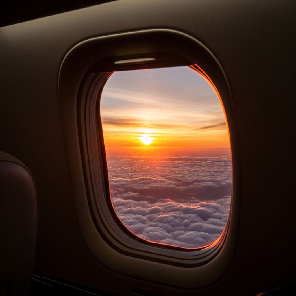 Полёт над облаками из окна бизнес-джета, золотистый закат освещает горизонт