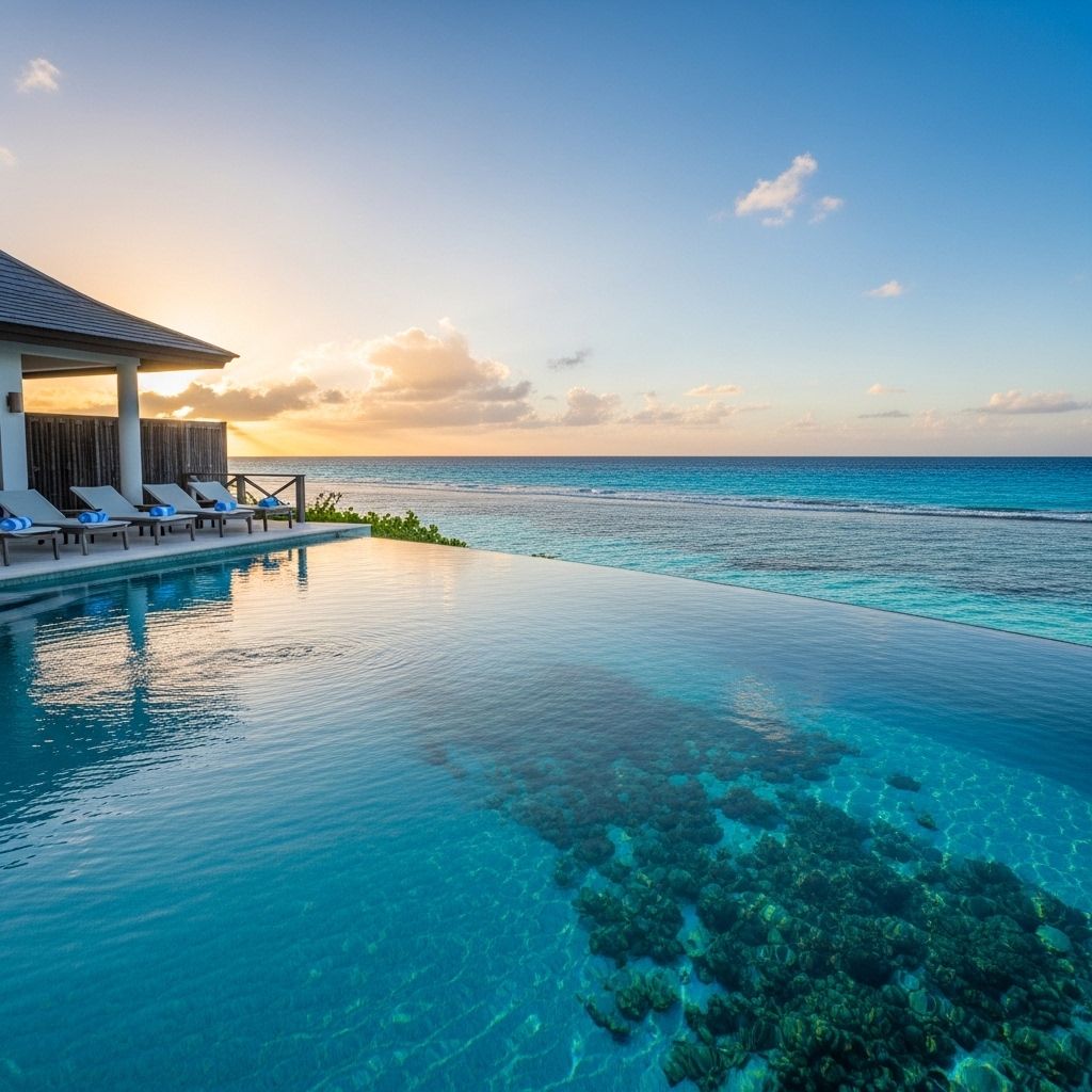 Курорт Amanyara на острове Прово, Карибы: частный бассейн виллы с видом на коралловые рифы и бирюзовое море