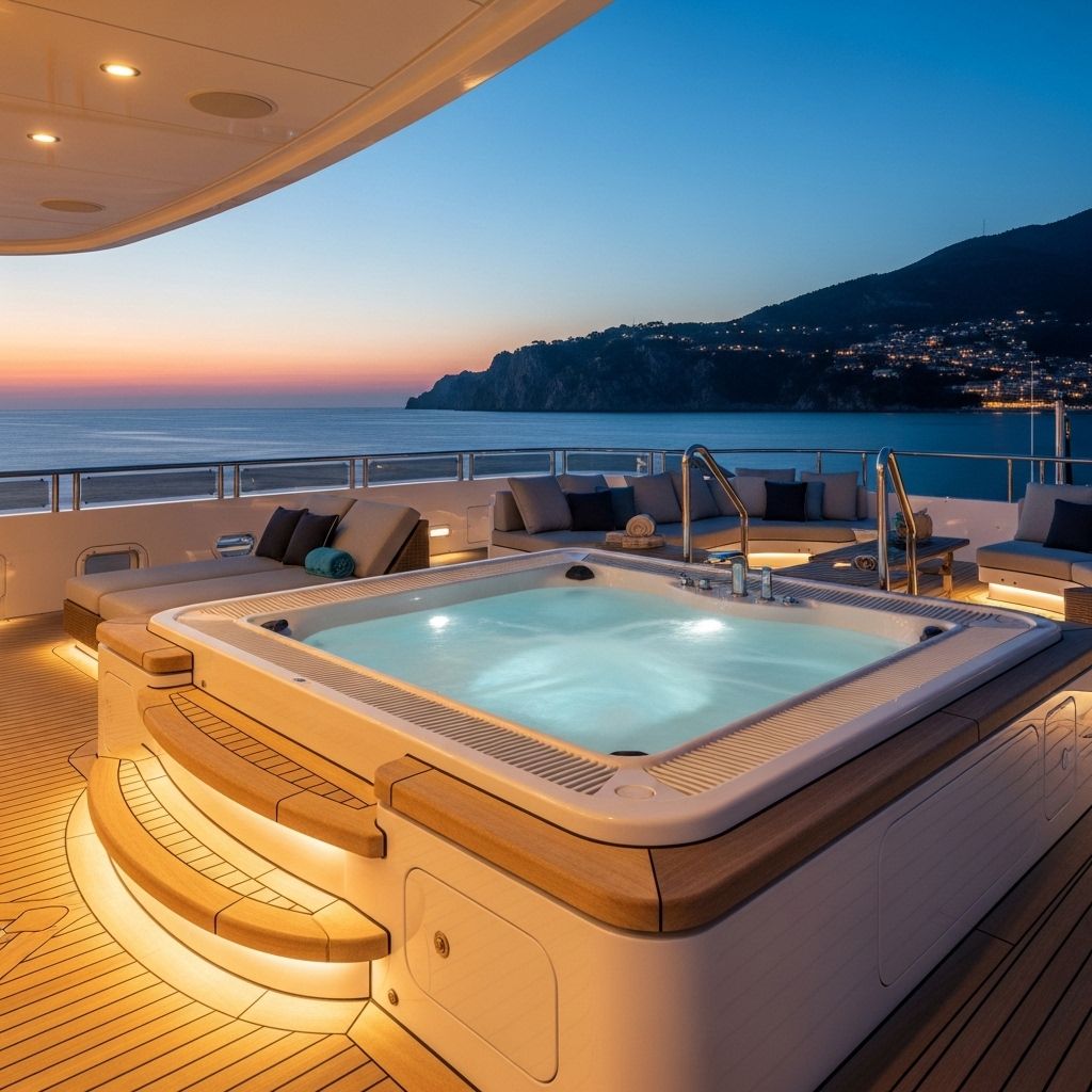 Задняя палуба мегаяхты с джакузи, тиковым деккингом и видом на средиземноморское побережье в сумерках