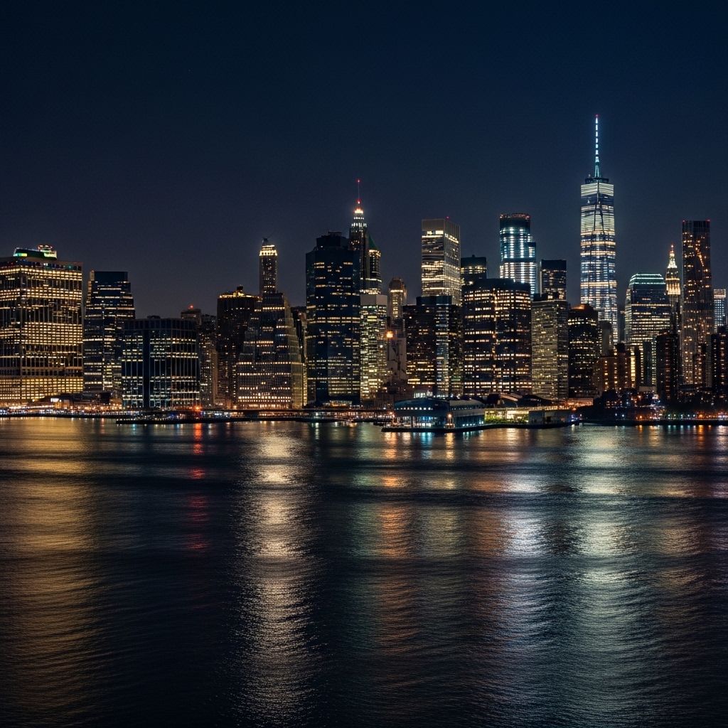 Ночной вид с вертолёта на Манхэттен с освещёнными небоскрёбами, отражениями в Гудзоне и Ист-Ривер
