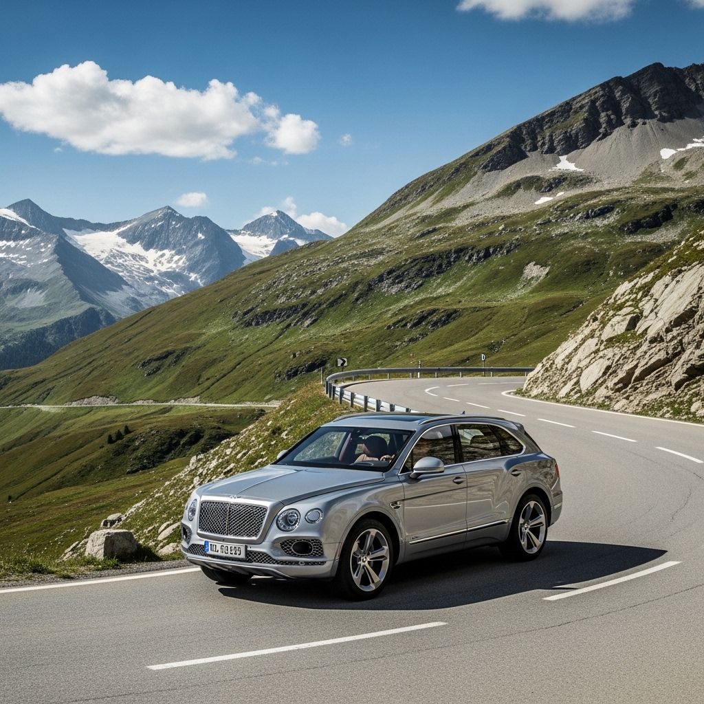 Bentley Bentayga Speed в металлик серебристом цвете на горном серпантине в швейцарских Альпах в солнечный день