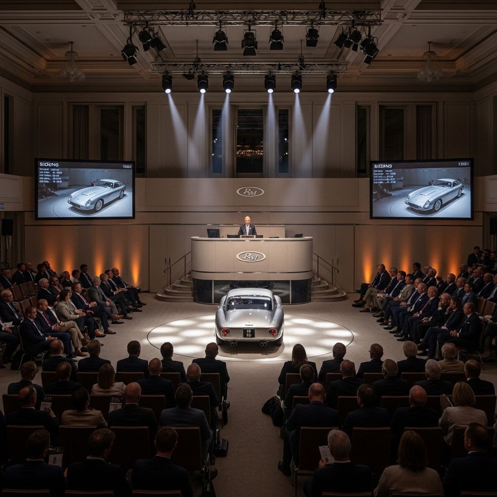 Аукционный зал RM Sotheby's с несколькими коллекционными Ferrari и McLaren на подиумах, заполненный публикой в смокингах