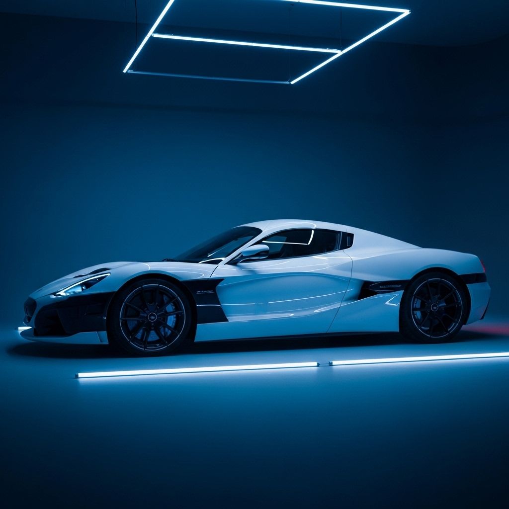 Электрический суперкар Rimac Nevera в белом цвете в студии с синей неоновой подсветкой, вид сбоку