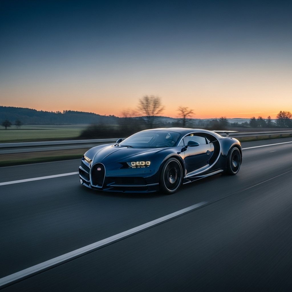 Bugatti Chiron Super Sport в тёмно-синем цвете на пустом автобане на рассвете, длинная выдержка выделяет движение