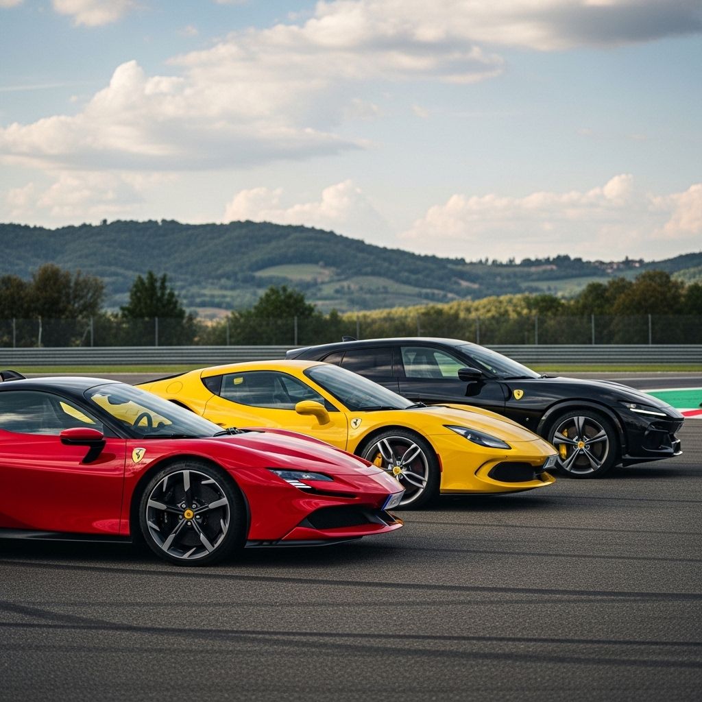 Линейка из трёх Ferrari — красный SF90, жёлтый 296 GTB и чёрный Purosangue — на гоночном треке Ferrari в Фьорано на фоне итальянских холмов