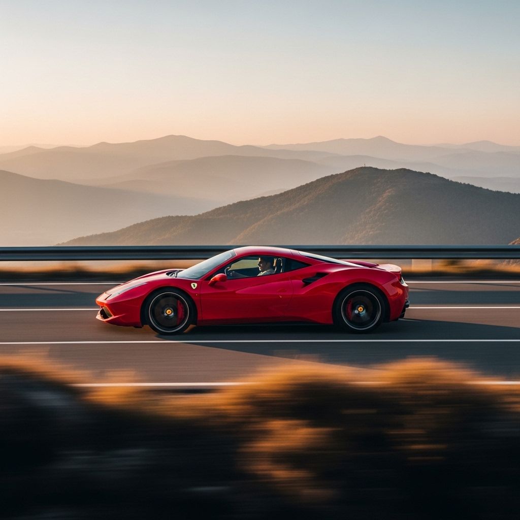 Красный Ferrari суперкар на пустой горной дороге на рассвете, вид сбоку в движении