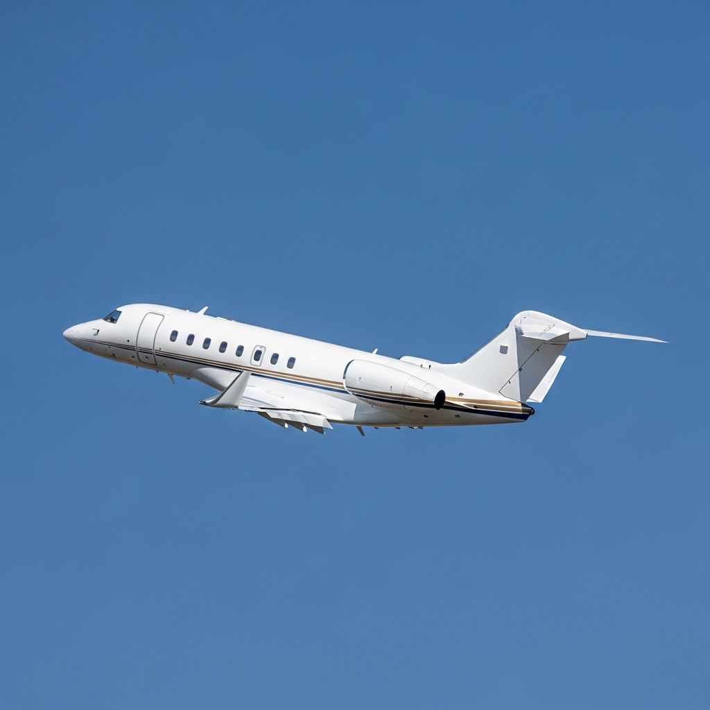 Белый бизнес-джет взлетает на фоне ясного синего неба, вид сбоку с хвостовым оперением в кадре