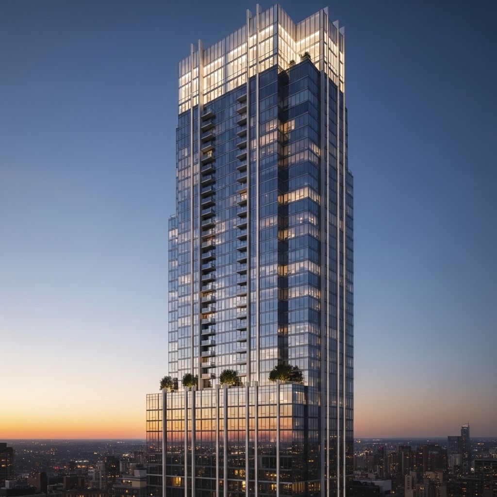 Фасад роскошного жилого небоскрёба на Манхэттене в вечернем освещении с подсветкой верхних этажей