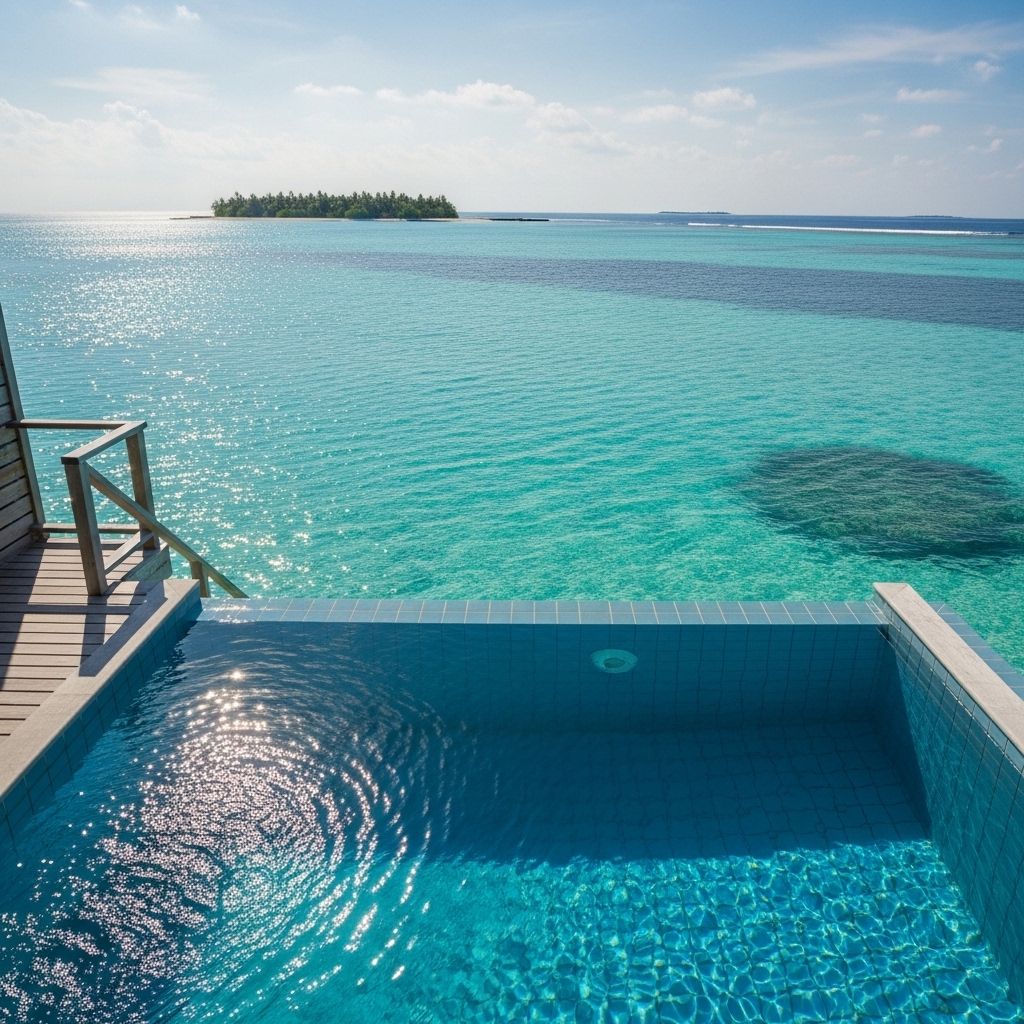 Бассейн overwater bungalow на Мальдивах с видом на бирюзовый лагуну и тропическую растительность