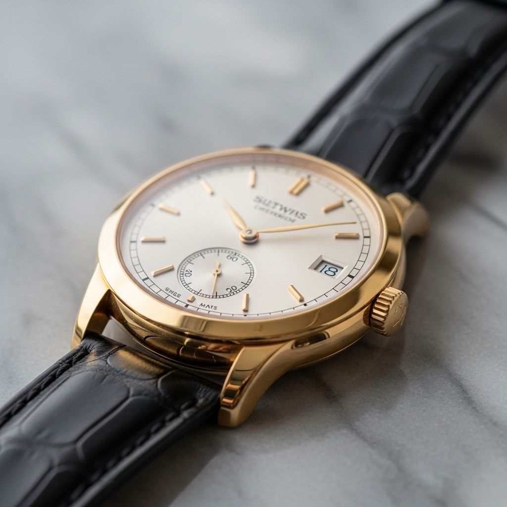 Крупный план швейцарских luxury-часов с золотым корпусом на чёрном кожаном ремешке на мраморной поверхности