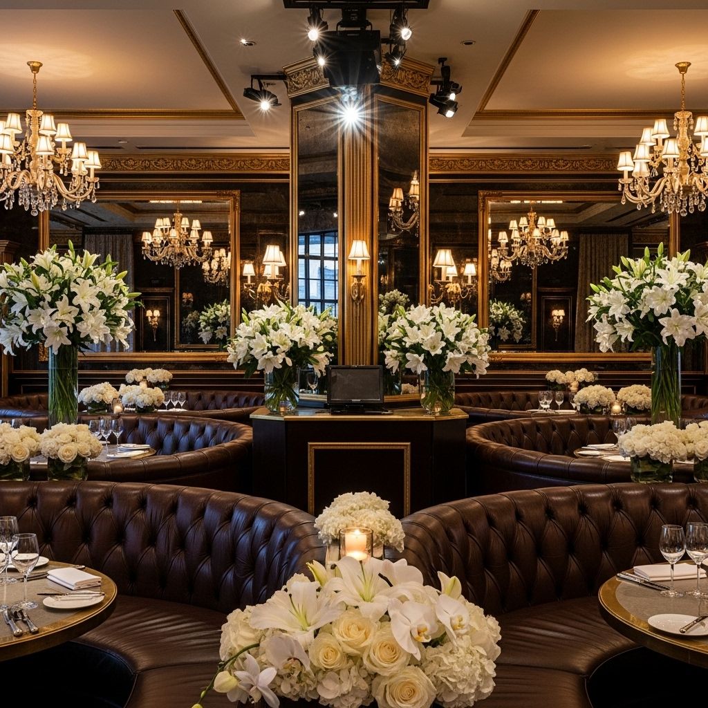 Интерьер роскошного ресторана на Манхэттене с кожаными диванами, золотыми акцентами и живыми цветами