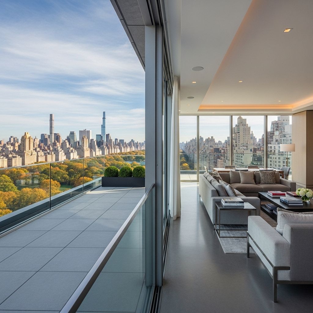 Элитный пентхаус в Нью-Йорке с террасой и панорамным видом на Центральный парк, современная архитектура, светлый интерьер
