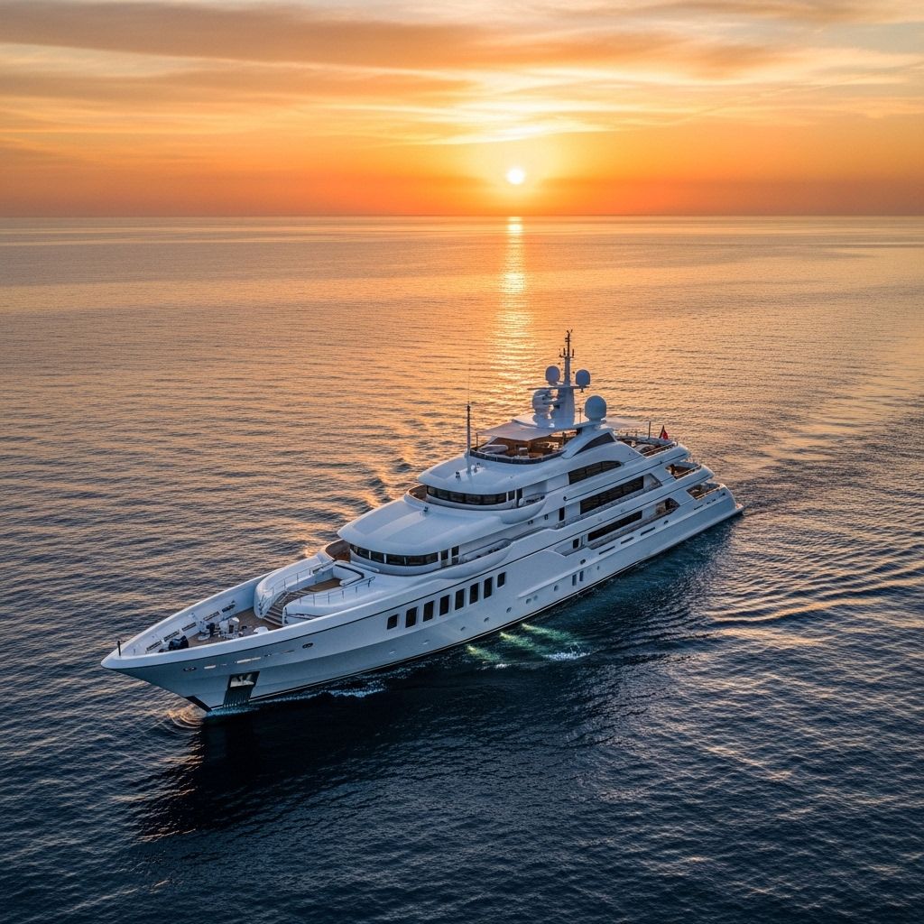 Роскошная белая суперяхта длиной 60 метров в открытом море на фоне заката, вид с воздуха
