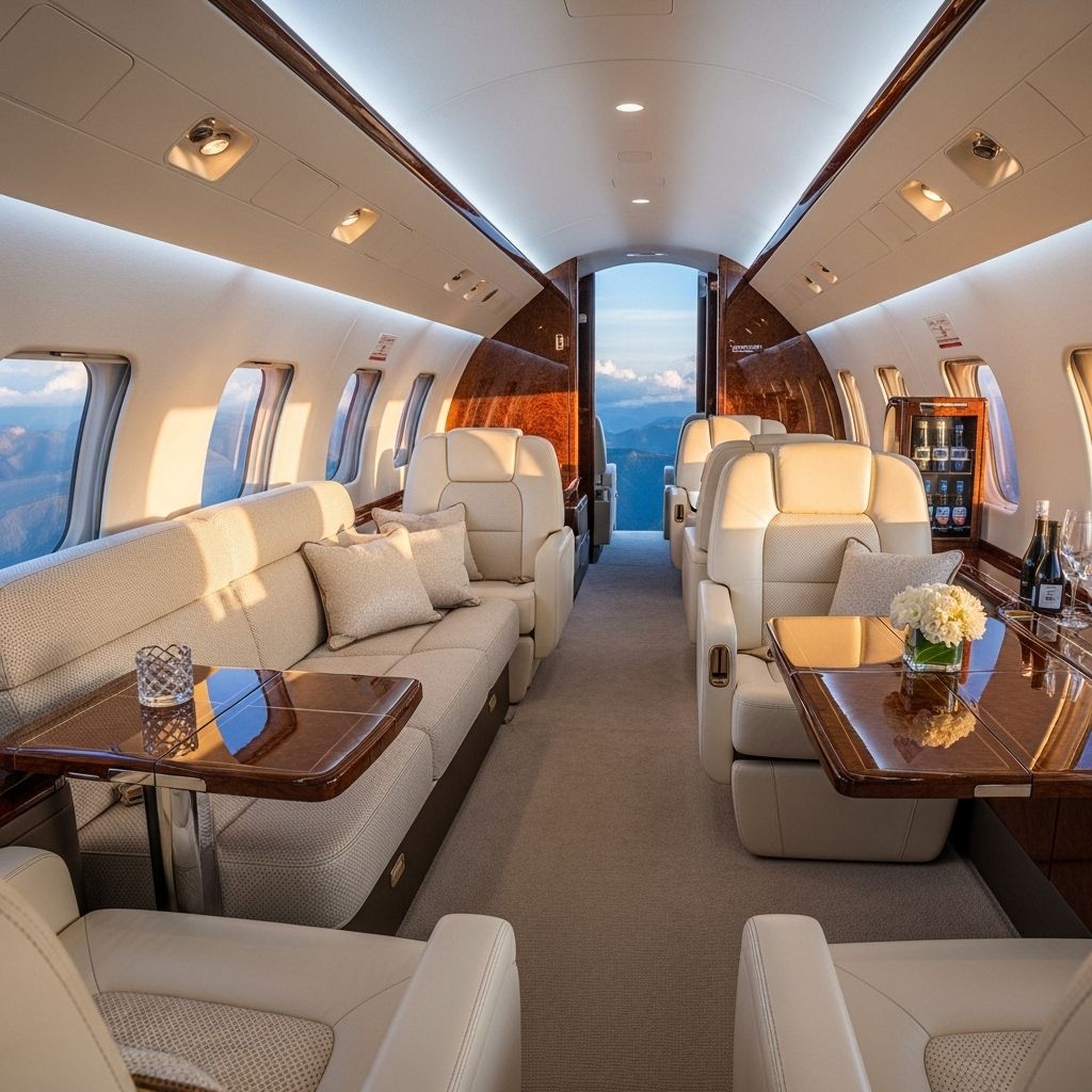 Роскошный салон частного бизнес-джета с кожаными креслами, деревянными панелями и большими иллюминаторами