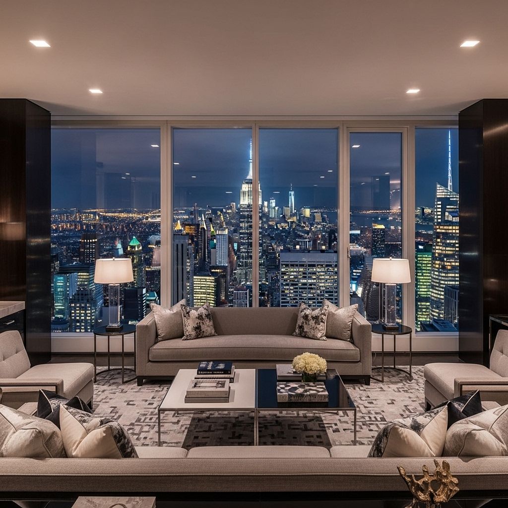 Роскошный интерьер современного пентхауса на Манхэттене с панорамными окнами и видом на ночной Нью-Йорк
