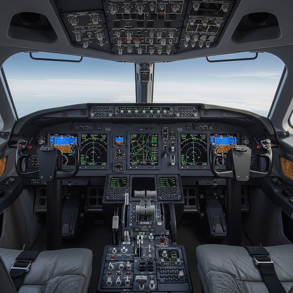 Пилотская кабина Gulfstream G700 с панорамными окнами и полностью стеклянной авионикой PlaneView III