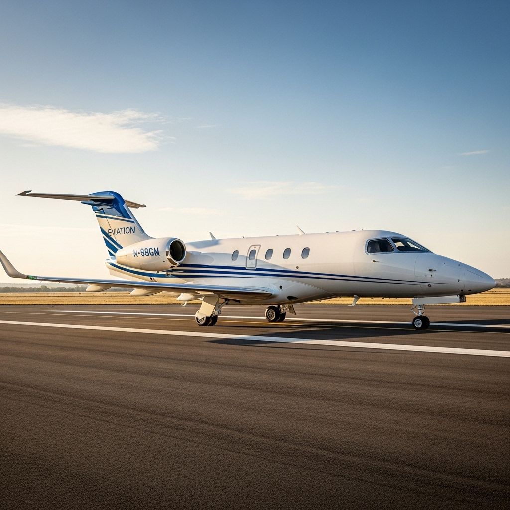 Электрический самолёт Eviation Alice на взлётной полосе — белый с синими полосами, размером с лёгкий бизнес-джет