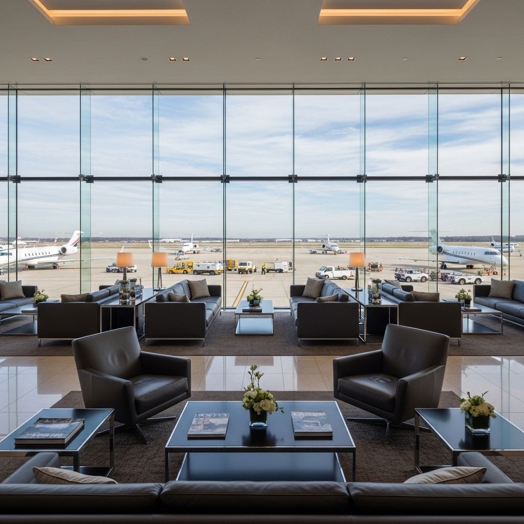 VIP-зал ожидания терминала частной авиации FBO со стеклянными стенами, кожаной мебелью и видом на лётное поле