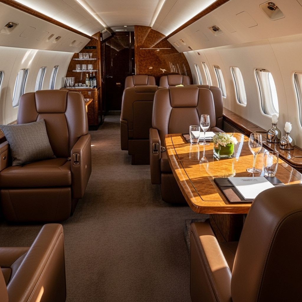 Роскошный интерьер бизнес-джета: кожаные кресла-лежанки, натуральное дерево, мягкое освещение, стол для переговоров и мини-бар