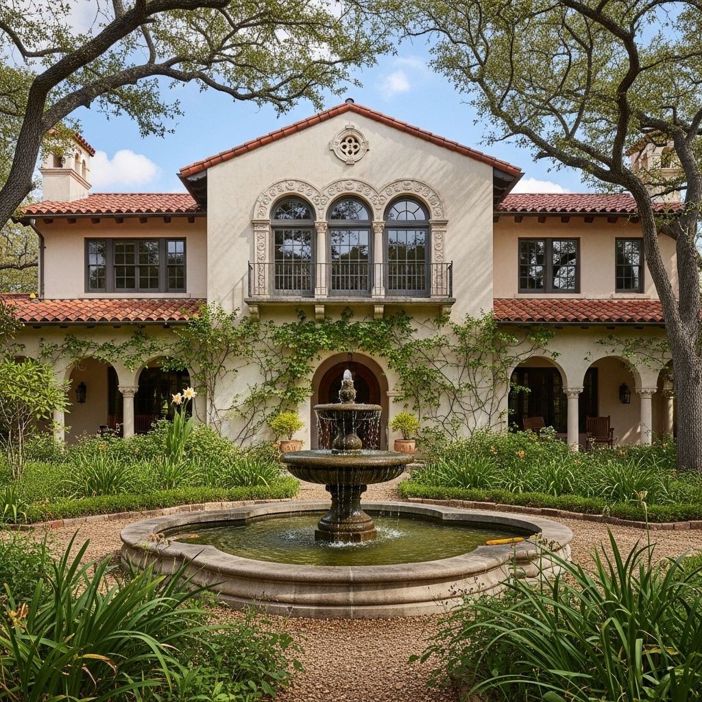 Вилла в стиле испанского колониального возрождения в Сан-Антонио с арочными окнами и садом с фонтаном