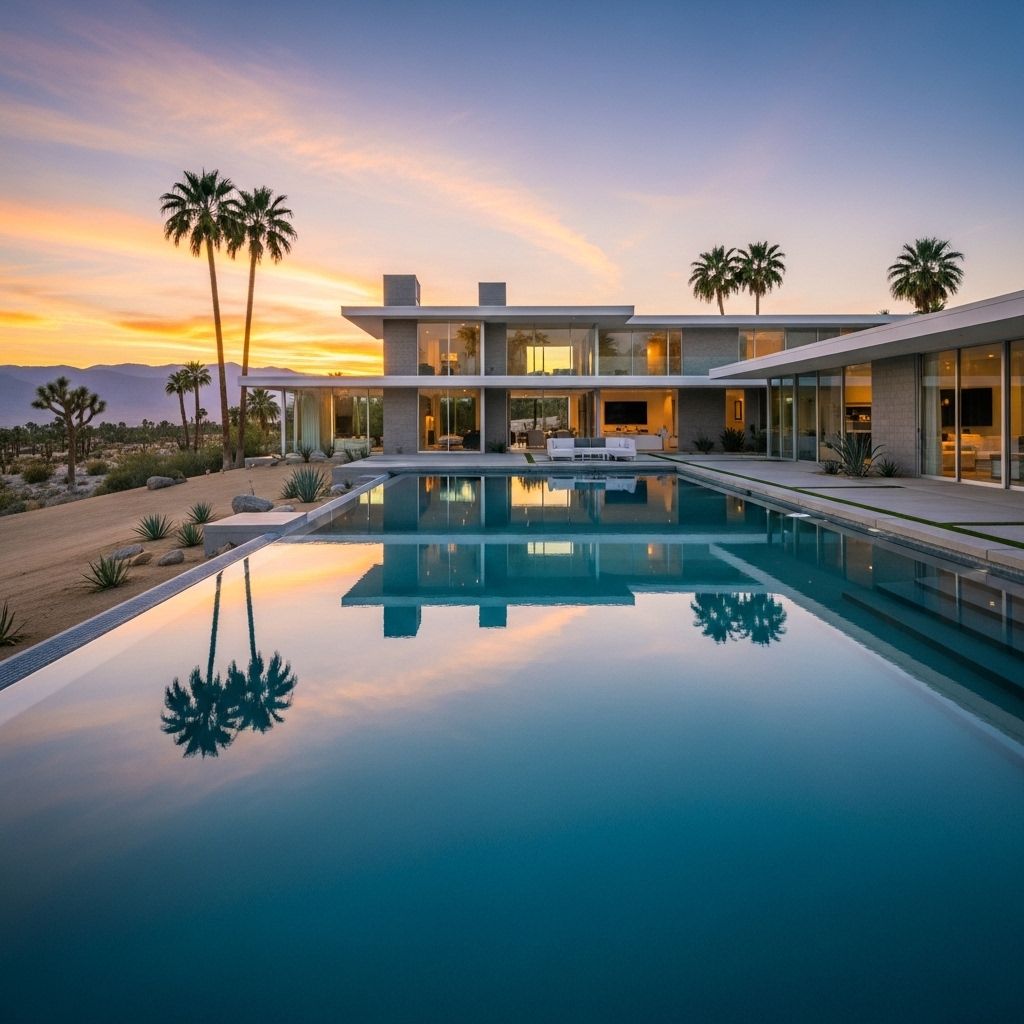 Современный особняк в стиле минимализм в Palm Springs с бассейном-инфинити в пустынном пейзаже на закате