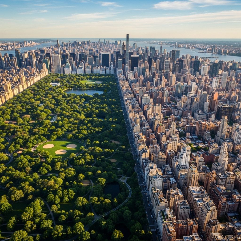Аэрофотосъёмка кварталов Манхэттена с видом на Центральный парк, небоскрёбы Midtown и жилые башни Upper East Side