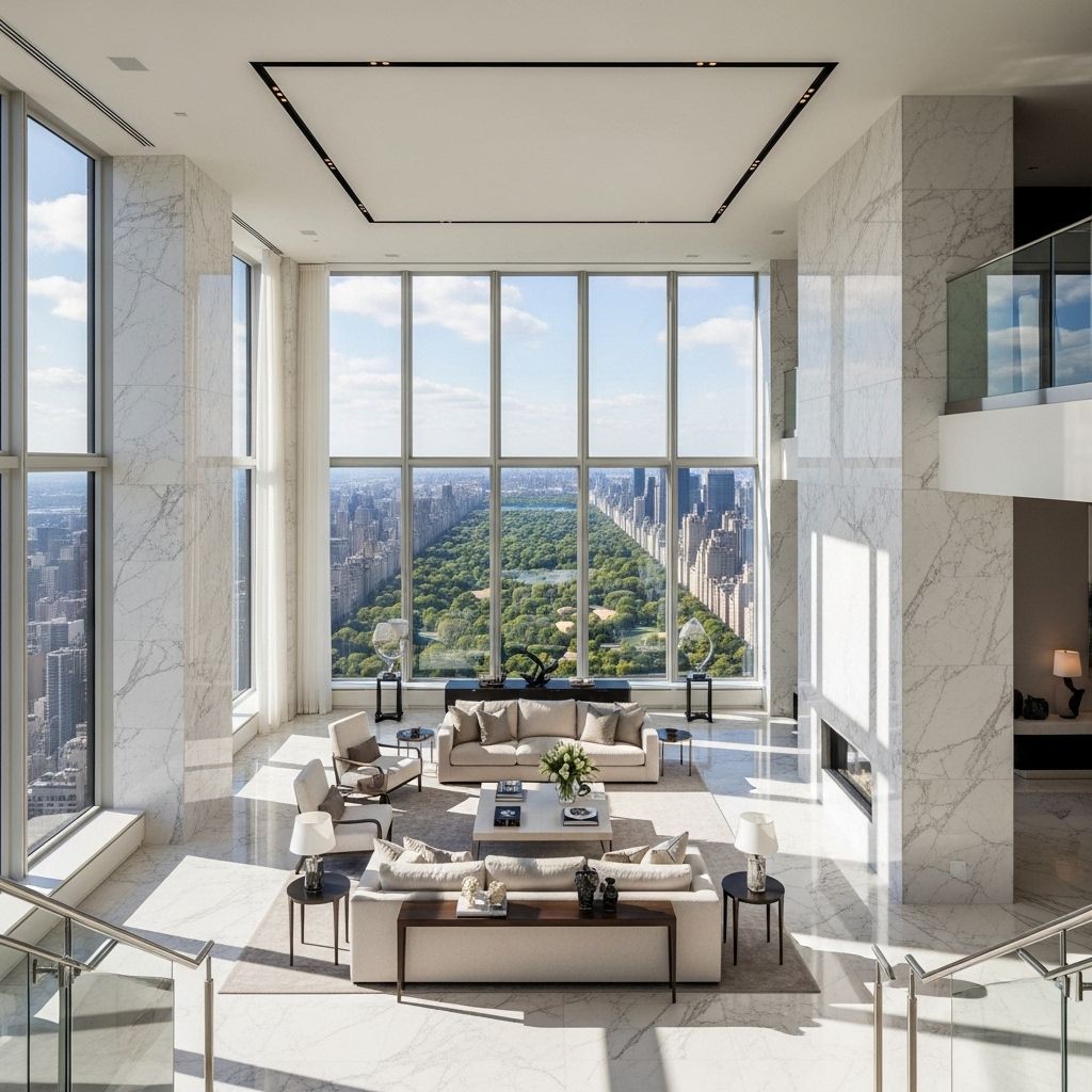 Широкий панорамный вид интерьера пентхауса в 432 Park Avenue: двухуровневая гостиная, высокие потолки, мрамор Каррара и вид на Центральный парк с высоты птичьего полёта