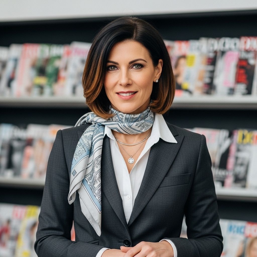 Главный редактор Deloare Кэтрин Ллойд — женщина 45 лет в деловом костюме на фоне книжных полок с журналами