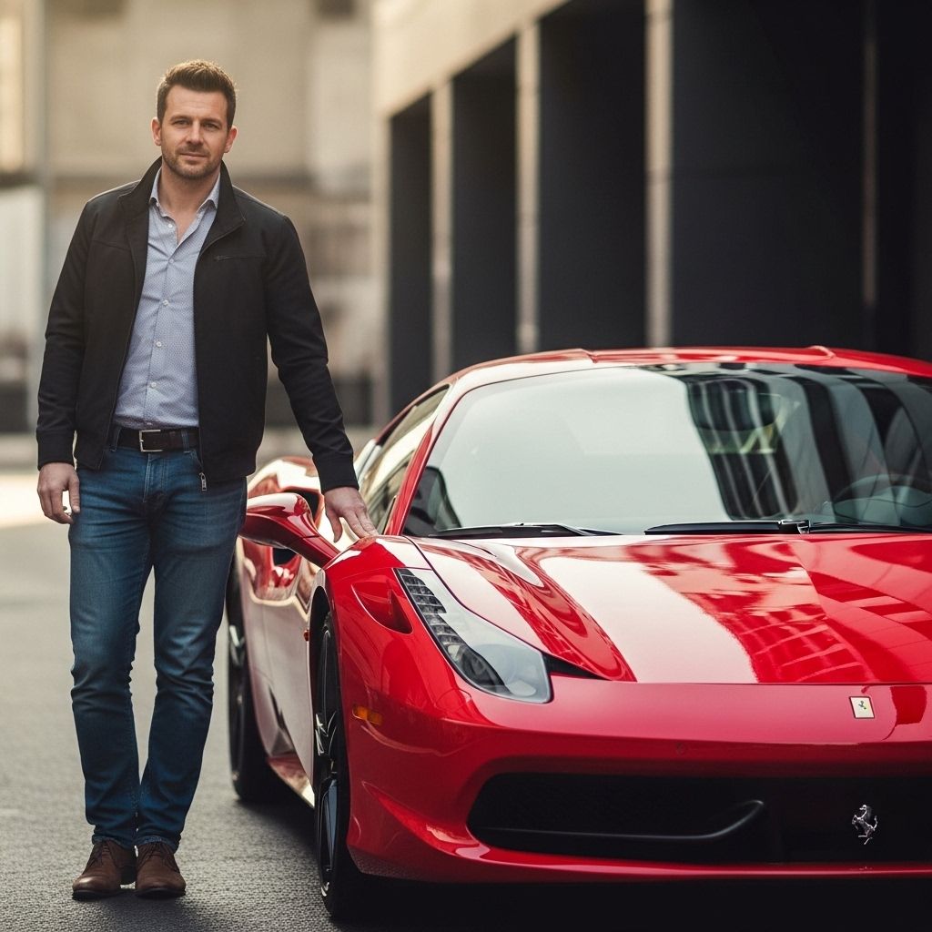 Редактор раздела Автомобили Марк Хэлси — мужчина 38 лет в джинсах и пиджаке рядом с красным Ferrari