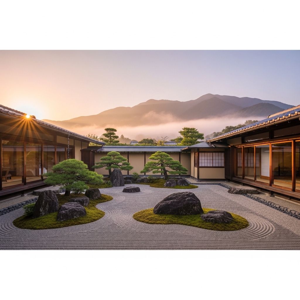 Роскошный японский рёкан с традиционным садом камней, чайным домиком и видом на горы в утреннем тумане