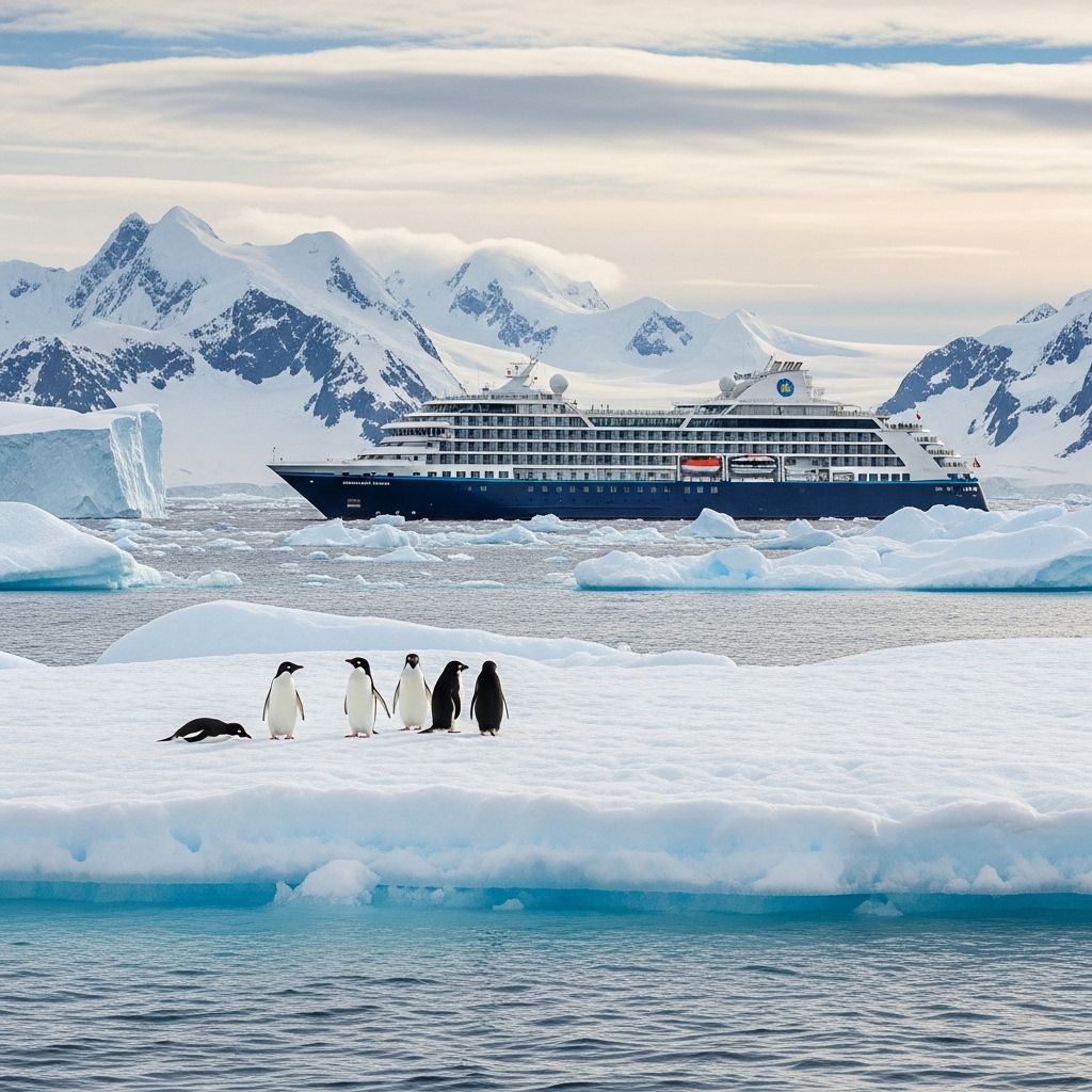 Антарктический круизный лайнер среди айсбергов на фоне заснеженных гор, пингвины на льдине на переднем плане