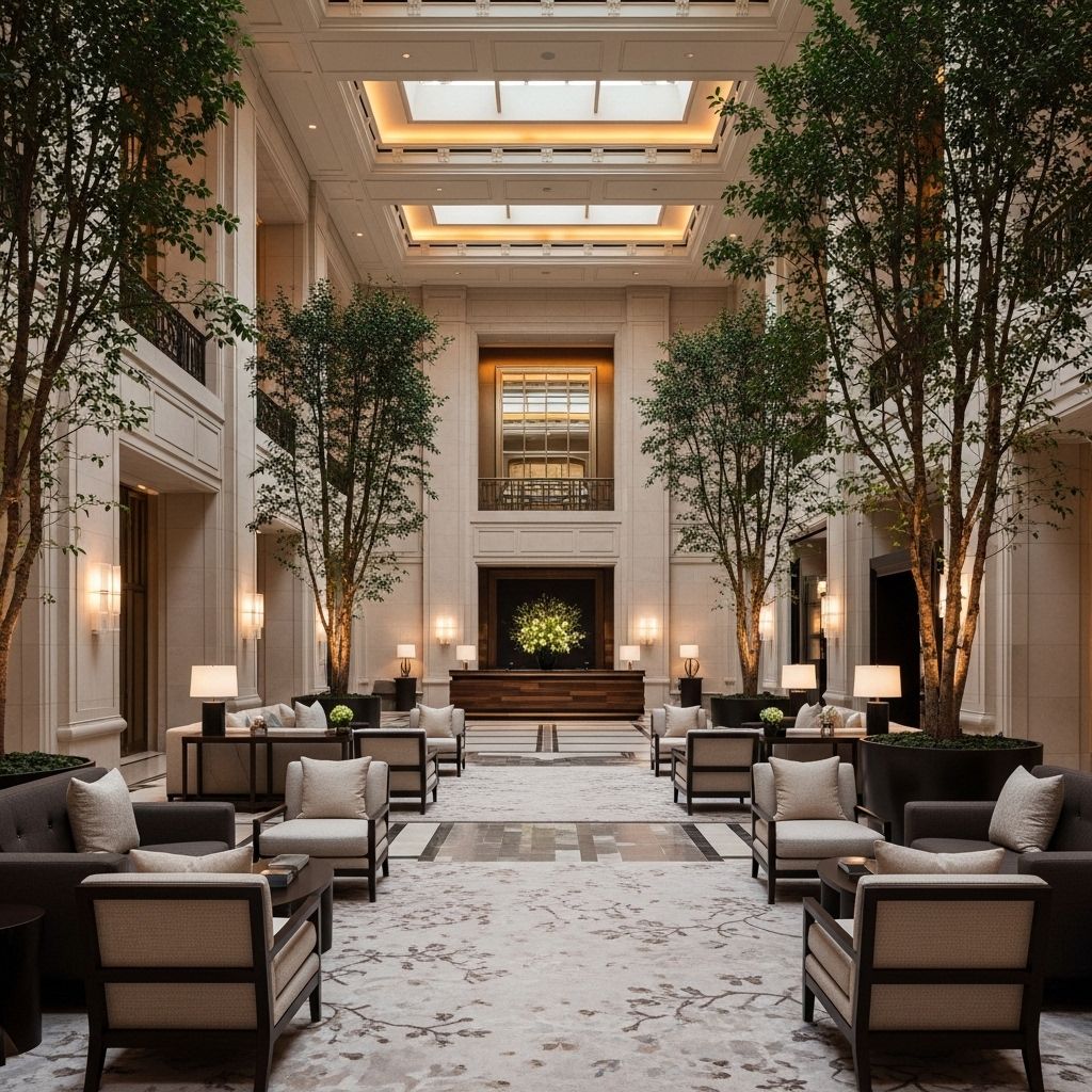 Лобби отеля Aman New York с высокими потолками, живыми деревьями внутри помещения и мягким рассеянным светом