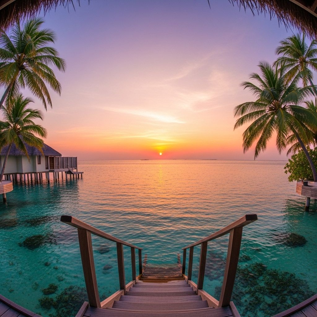 Водный домик overwater villa на Мальдивах на закате с лестницей в бирюзовый океан, окружённый тропическими пальмами и розовым небом
