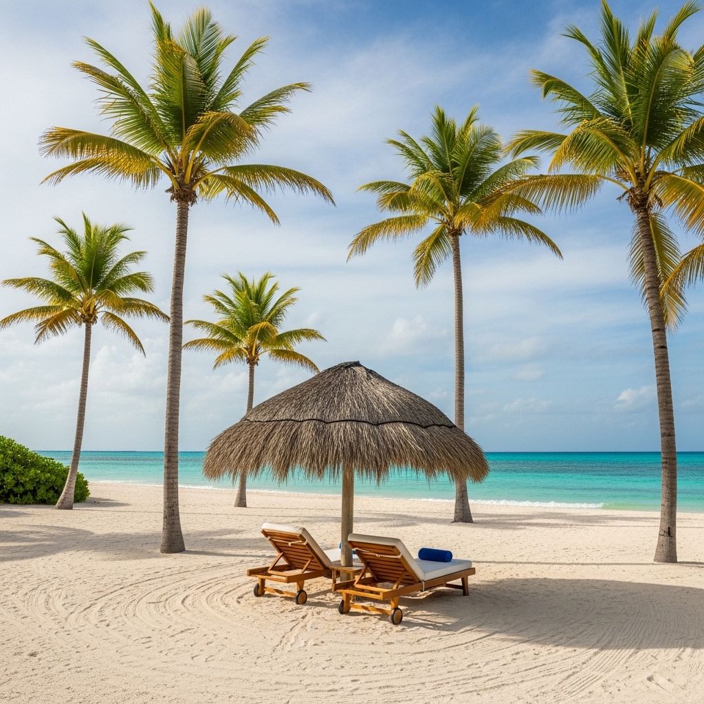 Частный пляж курорта Amanyara на Теркс и Кайкос: белый песок, пальмы, шезлонги под зонтом из пальмовых листьев и полностью пустой берег