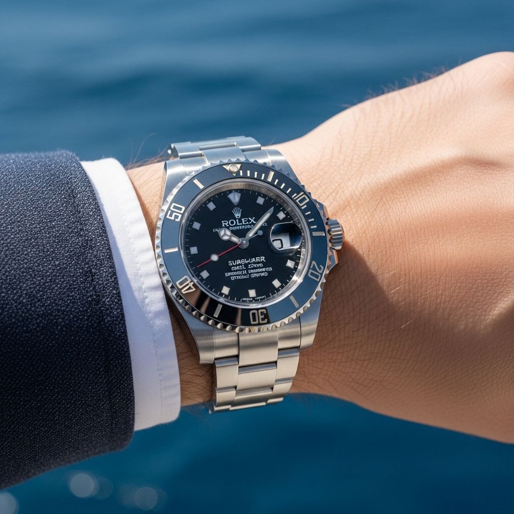Новые часы Rolex Submariner Date в нержавеющей стали на мужском запястье на фоне синего океана
