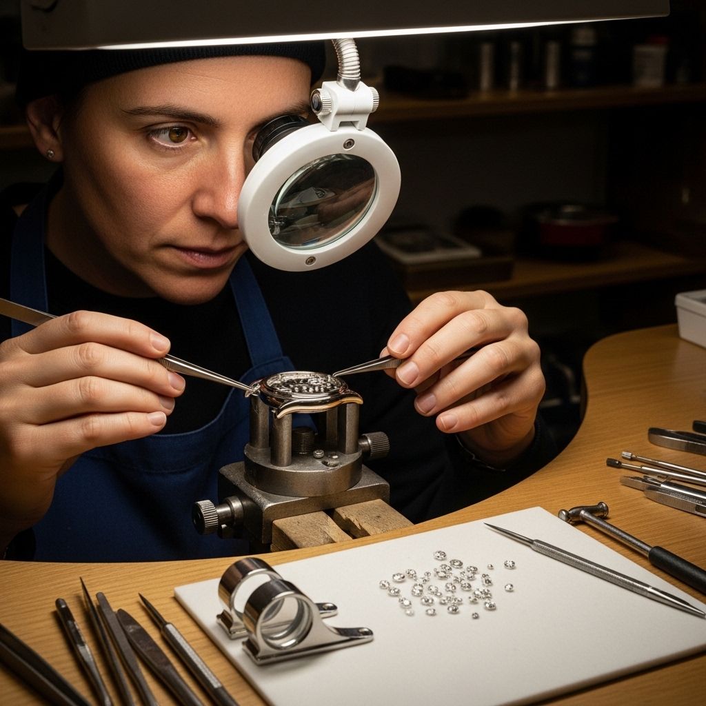 Ювелир мастерской Cartier вручную устанавливает бриллианты в корпус часов под лупой на рабочем столе