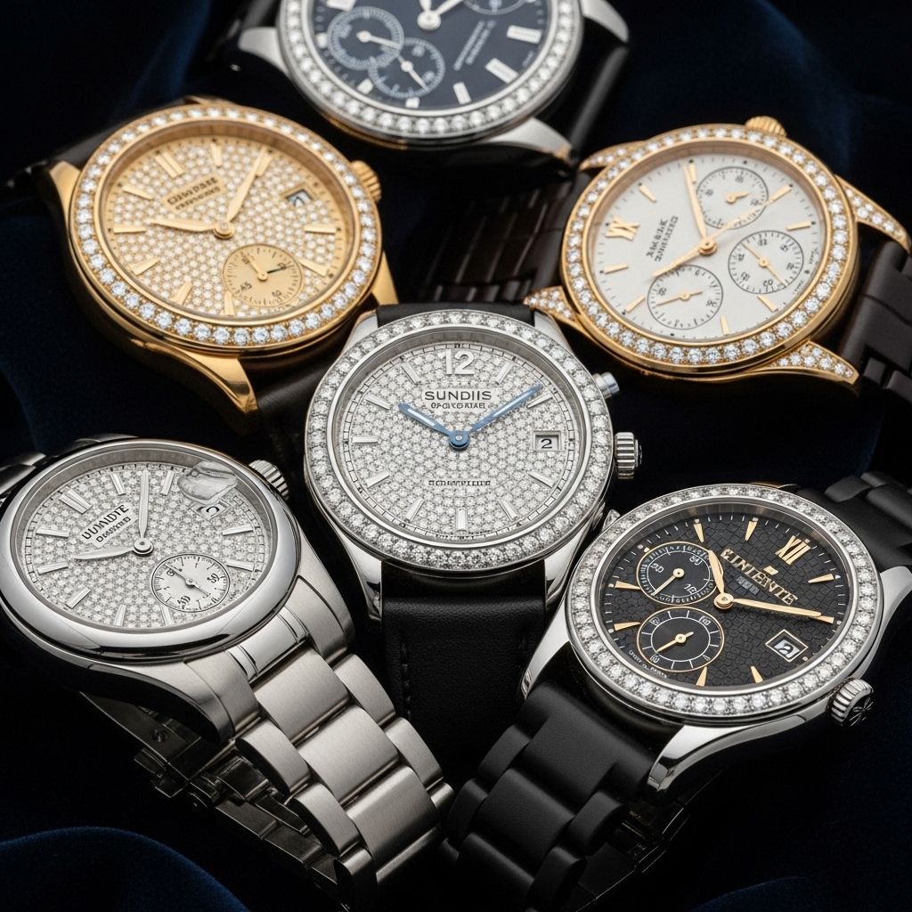 Коллекция из пяти элитных швейцарских часов разных марок на тёмном бархате: золото, платина, сапфировые стёкла и бриллианты крупным планом