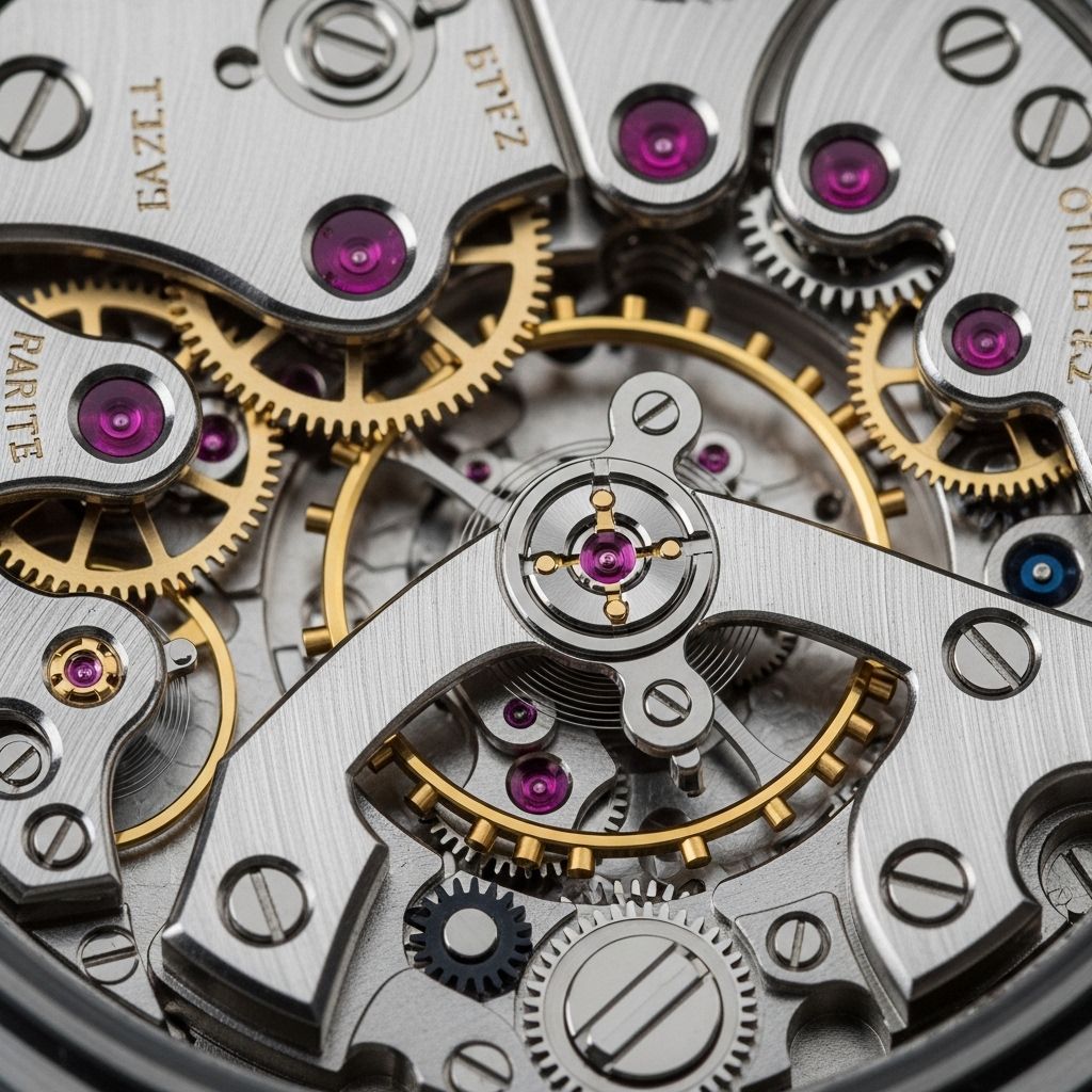 Детальный вид сложного турбийонного механизма часов Patek Philippe под микроскопом: рубины, платиновые мосты и баланс часового колеса