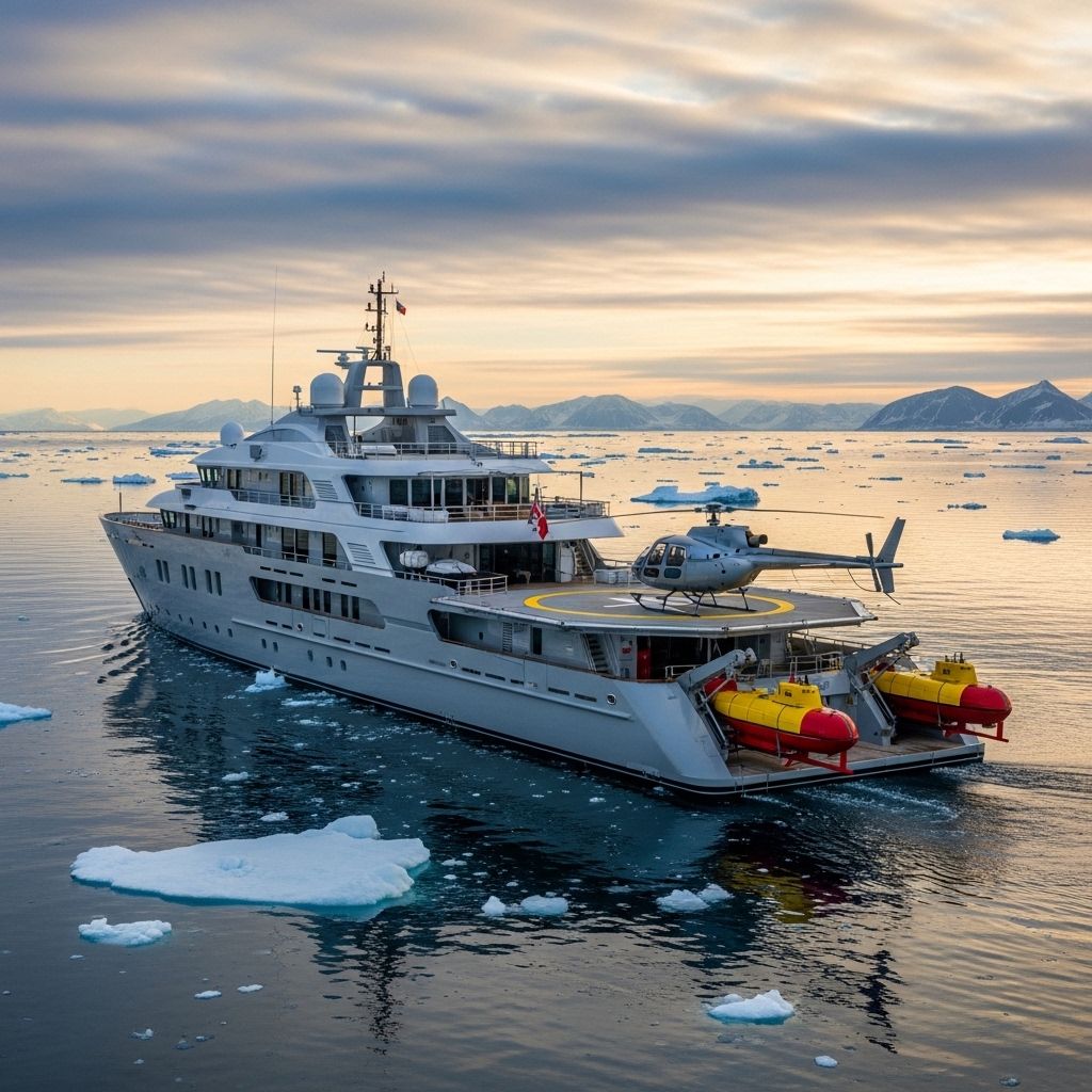 Суперяхта класса explorer с вертолётной площадкой и подводными лодками на борту в арктических водах