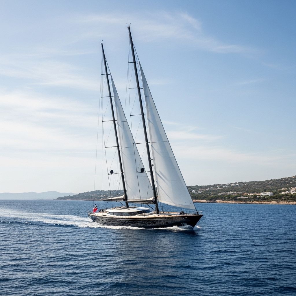 Парусная суперяхта с чёрными алюминиевыми мачтами и развёрнутыми парусами в Средиземном море