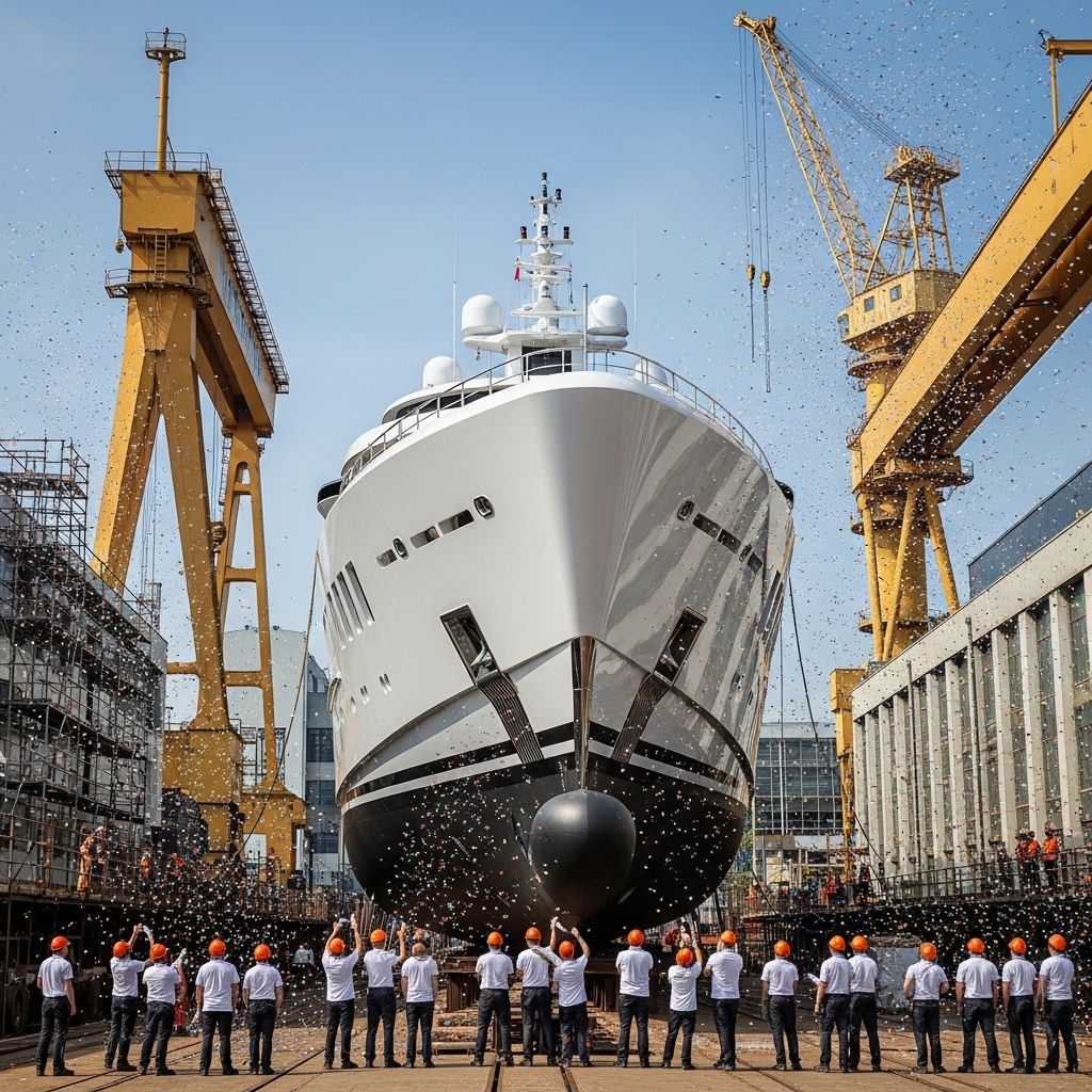 Церемония спуска на воду новой суперяхты на нидерландской верфи: рабочие, конфетти и белоснежный корпус