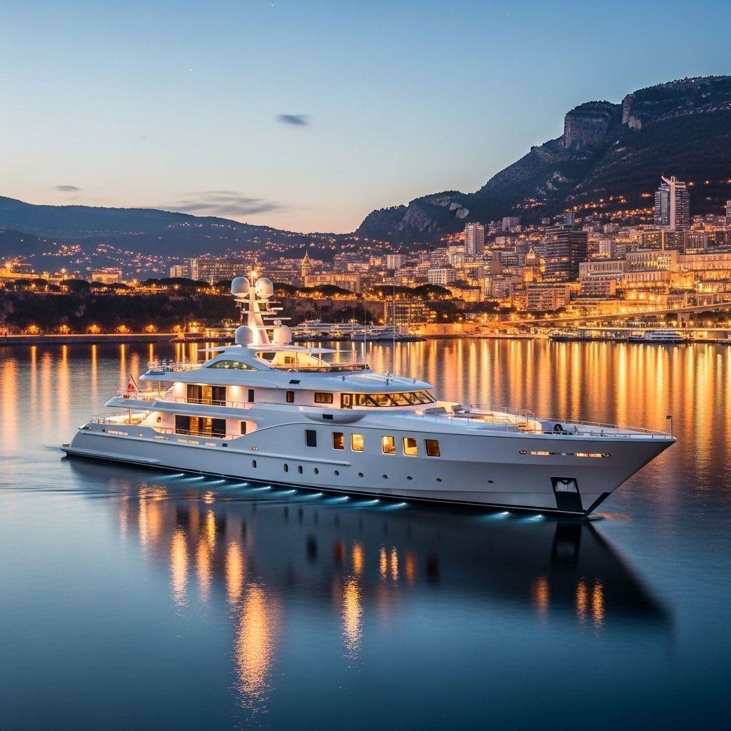 Белоснежная мегаяхта длиной 85 метров на зеркально спокойном море у берегов Монако на фоне вечерних огней княжества