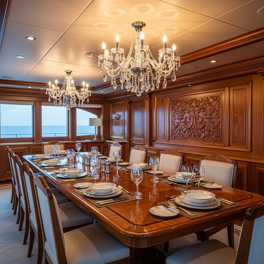 Внутренняя палуба суперяхты верфи Feadship: роскошная столовая с длинным столом на 12 персон, хрустальные люстры и деревянные панели ручной работы
